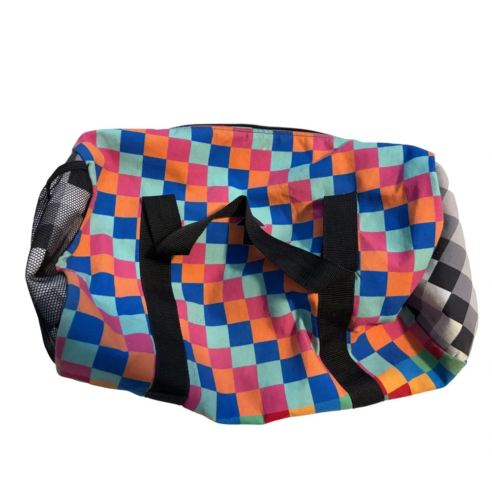 Duffle‎ Bag Small Checkerboard Multi-Color Pixel Print Mesh Pocket 19in Retro
